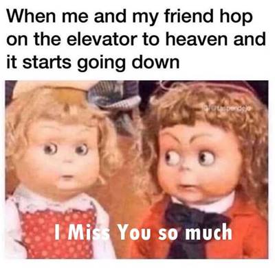 45 Best I Miss You Memes - Funny Memes for Love “When me and my friend hop on the elevator to heaven and it starts going down I miss you so much.”
