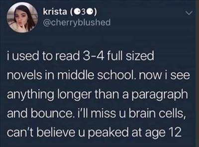 The 55 Funniest Tweets Memes Of All Time Comedy Twitter When I was in middle school, I read - whole novels in their whole. I can now read anything longer than a paragraph without feeling like I've hit the "return" key fifty times. I will really lose out on those neuron cells. It's kind of a shame that you peaked at age.